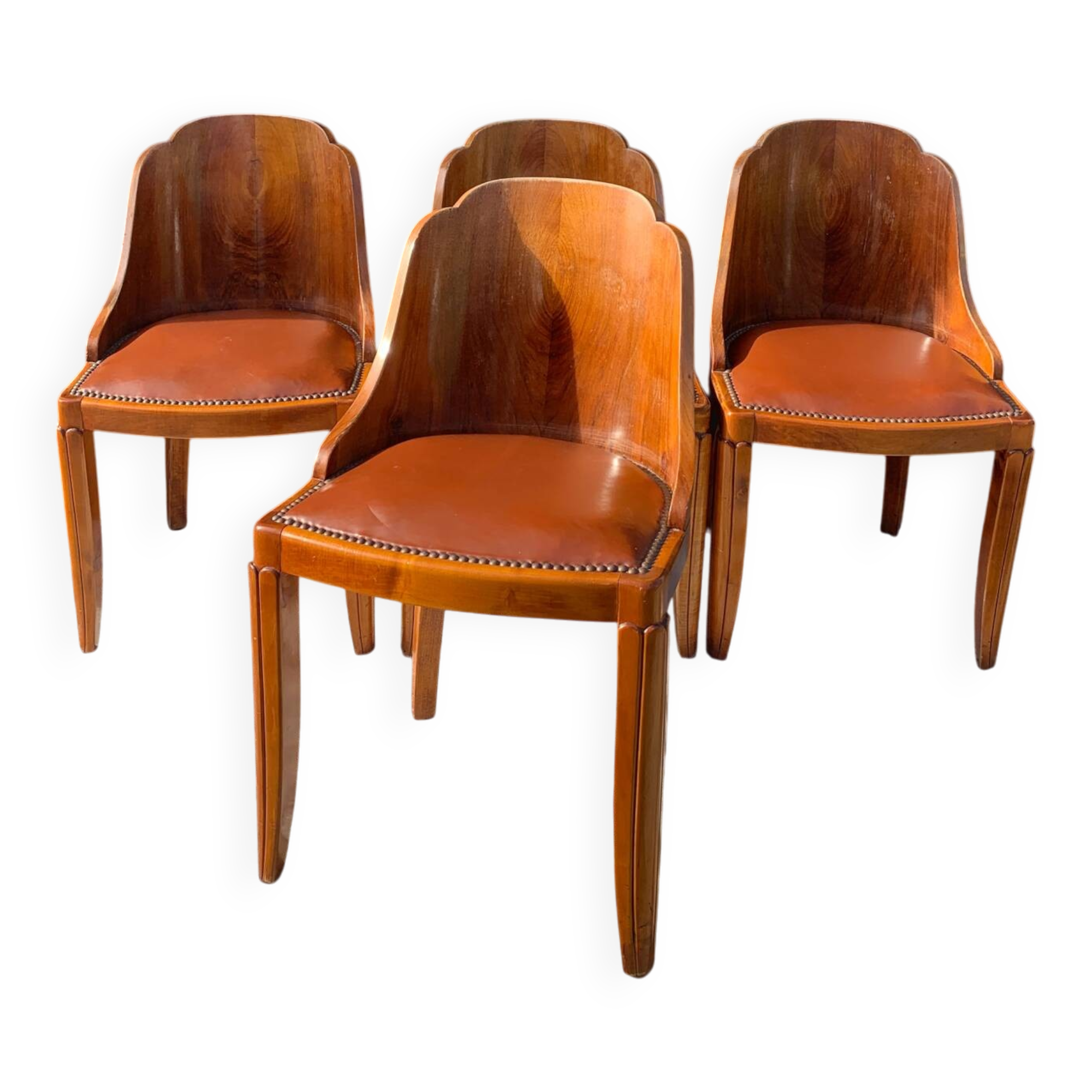 4 vintage Art Deco chairs in wood and cognac leather