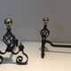 Paire de Chenets en Fer Forgé à Boules de Laiton Poli et Corps en Cage Ajou