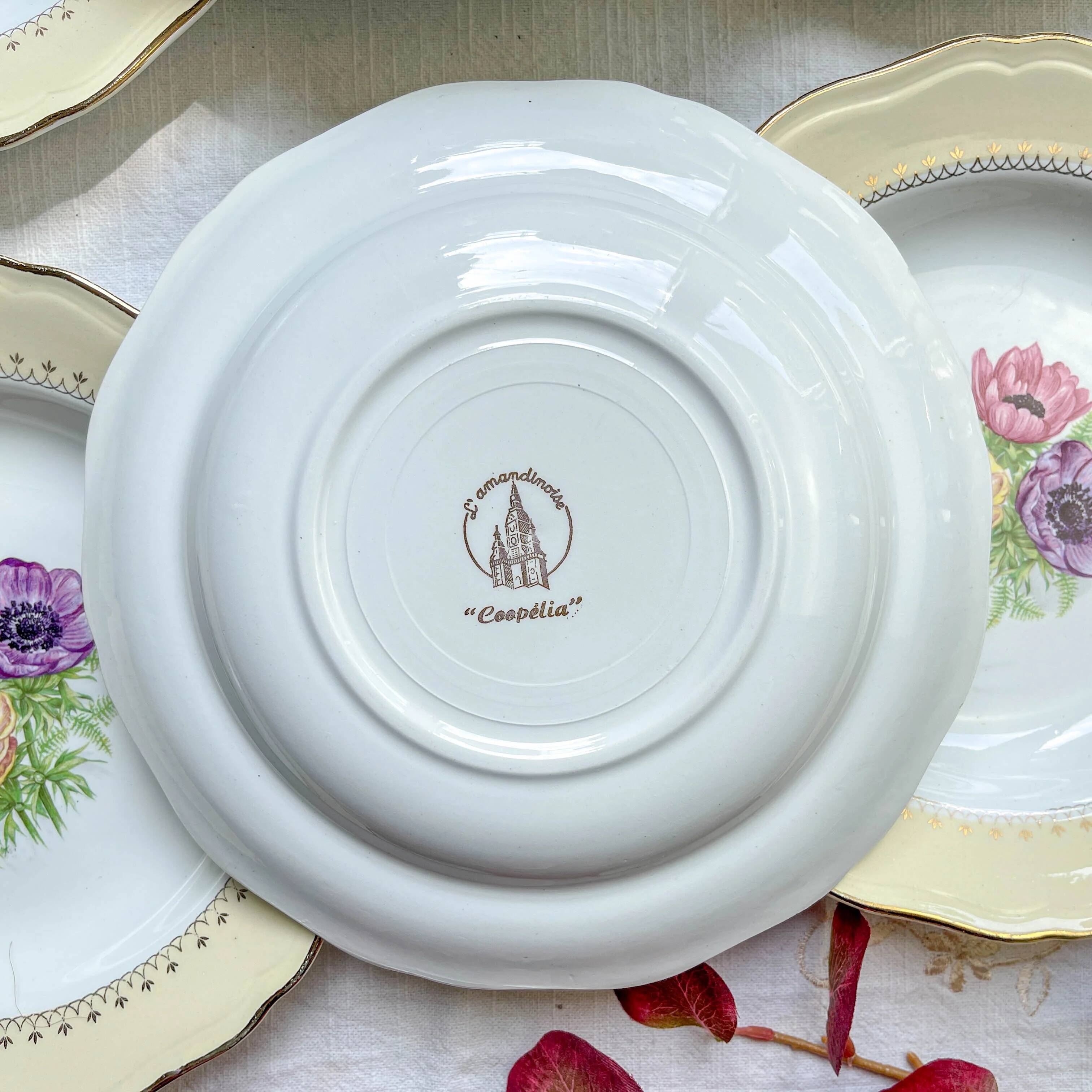 4 vintage porcelain soup plates with white and golden yellow floral pattern L'Amandinoise "Coopélia"