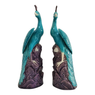 Pair of peacocks Chinese porcelain enamelling polychrome mid-XXth H.35cm