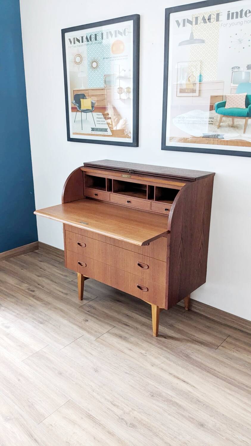 Bureau secrétaire à cylindre teck midcentury