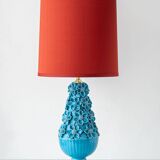 Turquoise glazed ceramic floral table lamp from Manises mid-century, with a new silk shade.