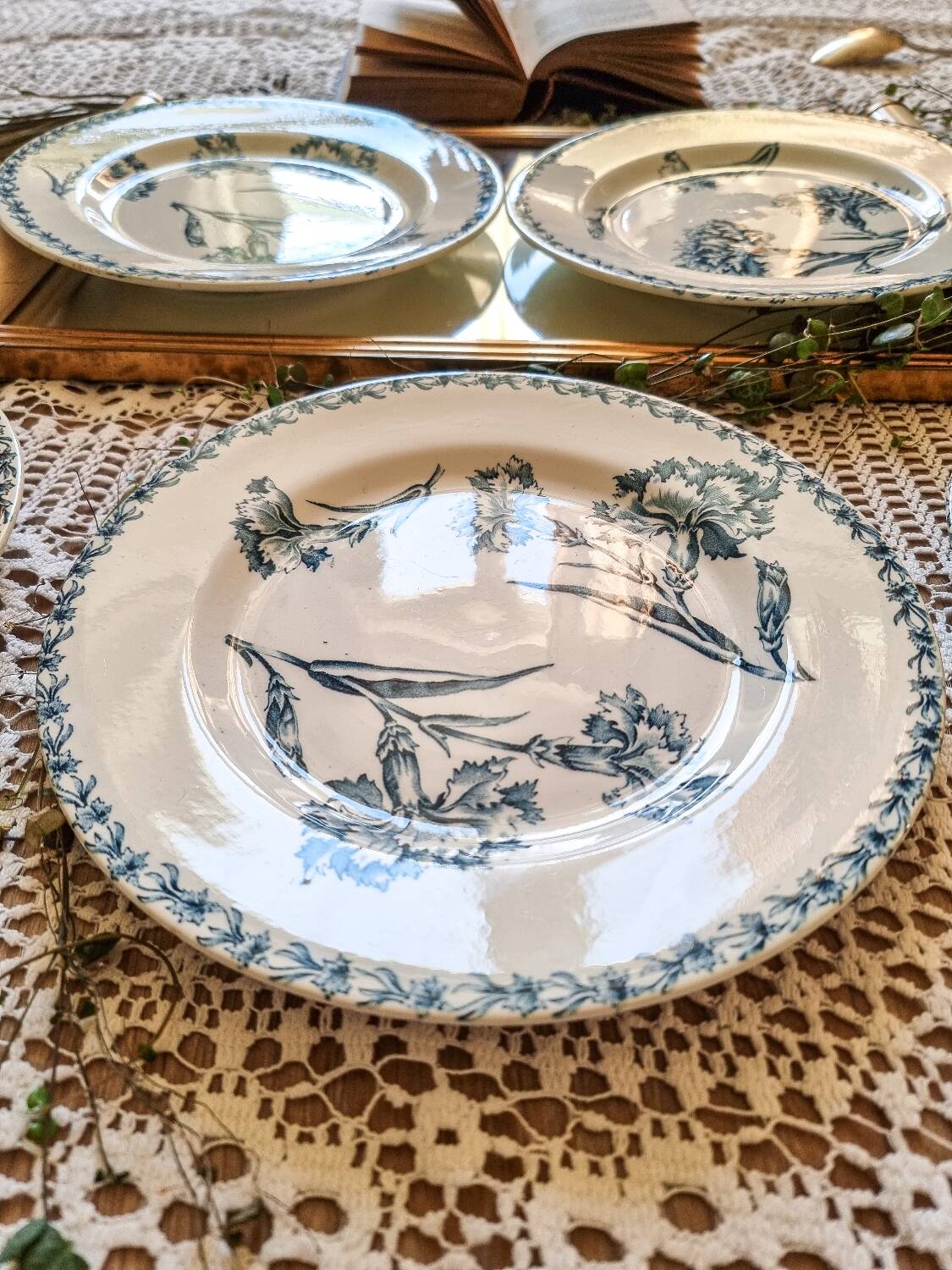 5 iron earthenware flat plates, KG Lunéville, Œillet model, 1900