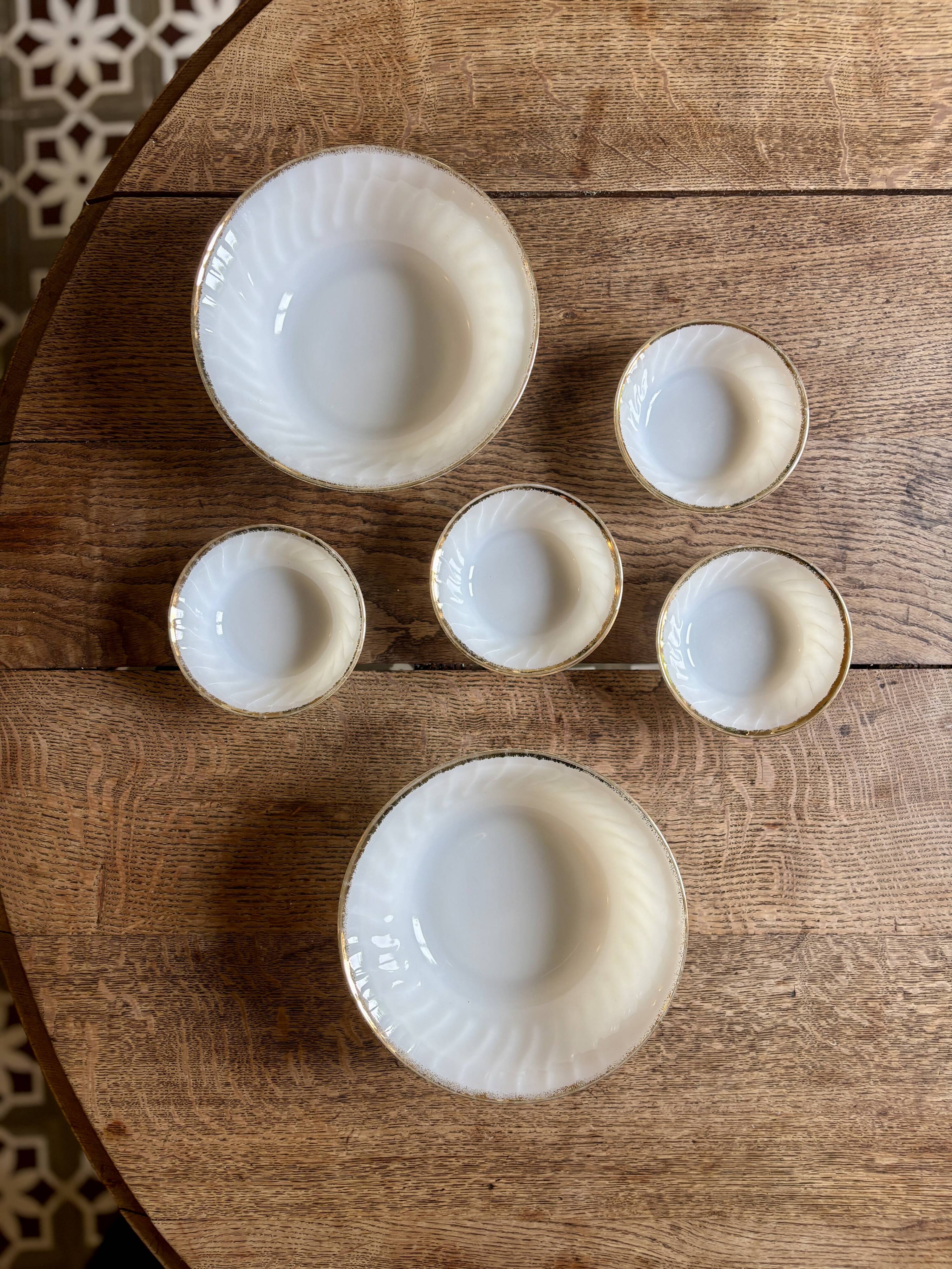 Set of vintage Fire King ramekins and bowls.