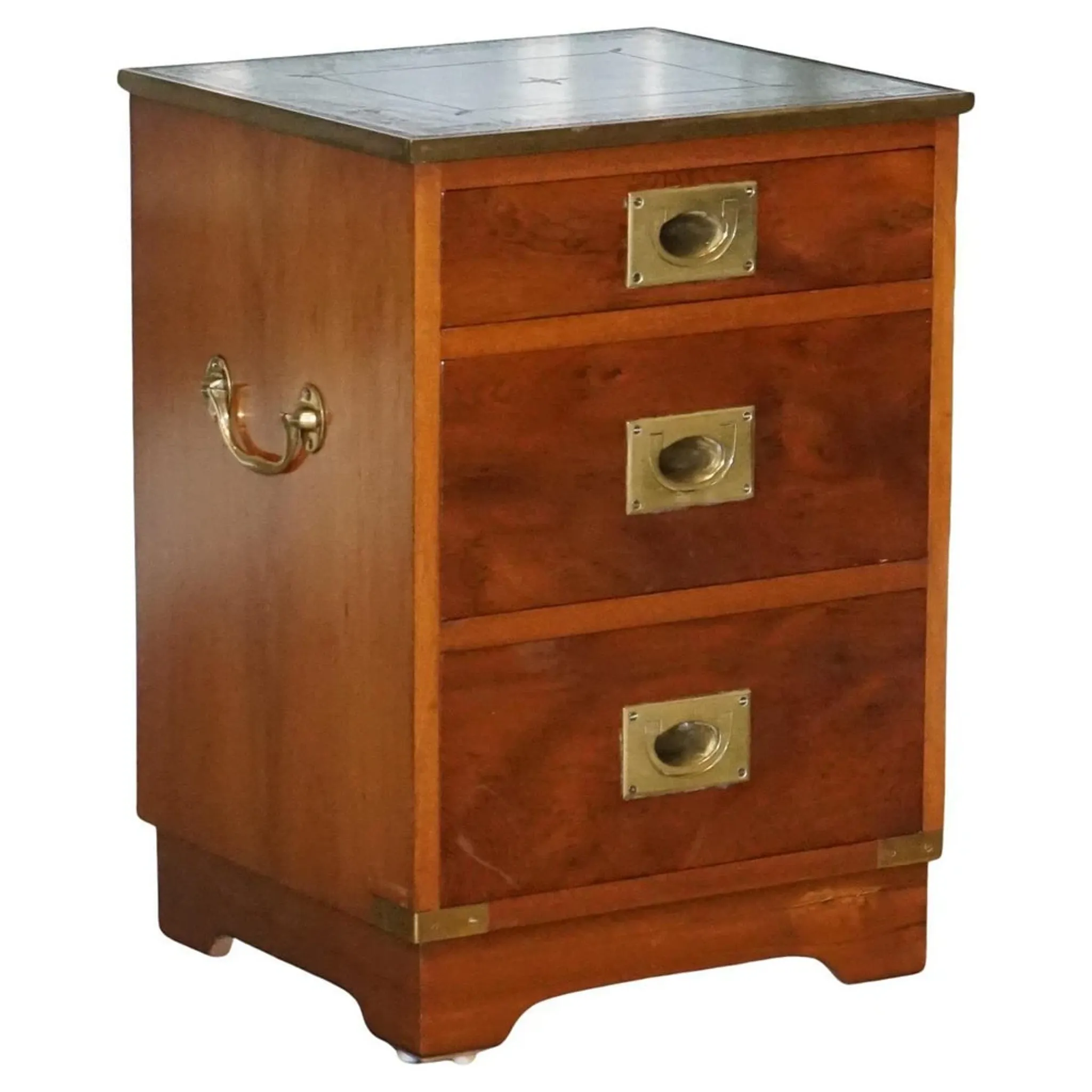 Yew Wood Nightstand Military Campaign with Green Leather Top