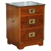 Yew Wood Nightstand Military Campaign with Green Leather Top