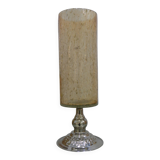 Photophore en verre craquelé ambré sur pied bougeoir en métal