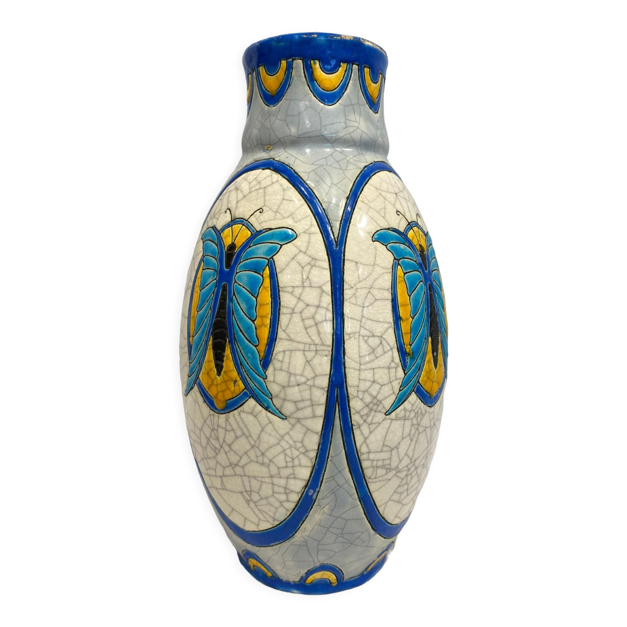 Rare ART DECO vase with polychrome butterfly decoration.signed Boch Frères Keramis (BFK)La Louvière Belgiq