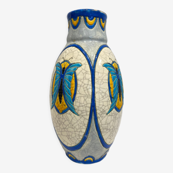 Rare ART DECO vase with polychrome butterfly decoration.signed Boch Frères Keramis (BFK)La Louvière Belgiq