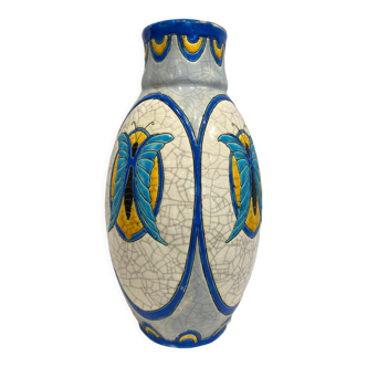 Vase art deco à décor polychrome de papillons signé boch frères keramis (bfk)la louvière belgiq