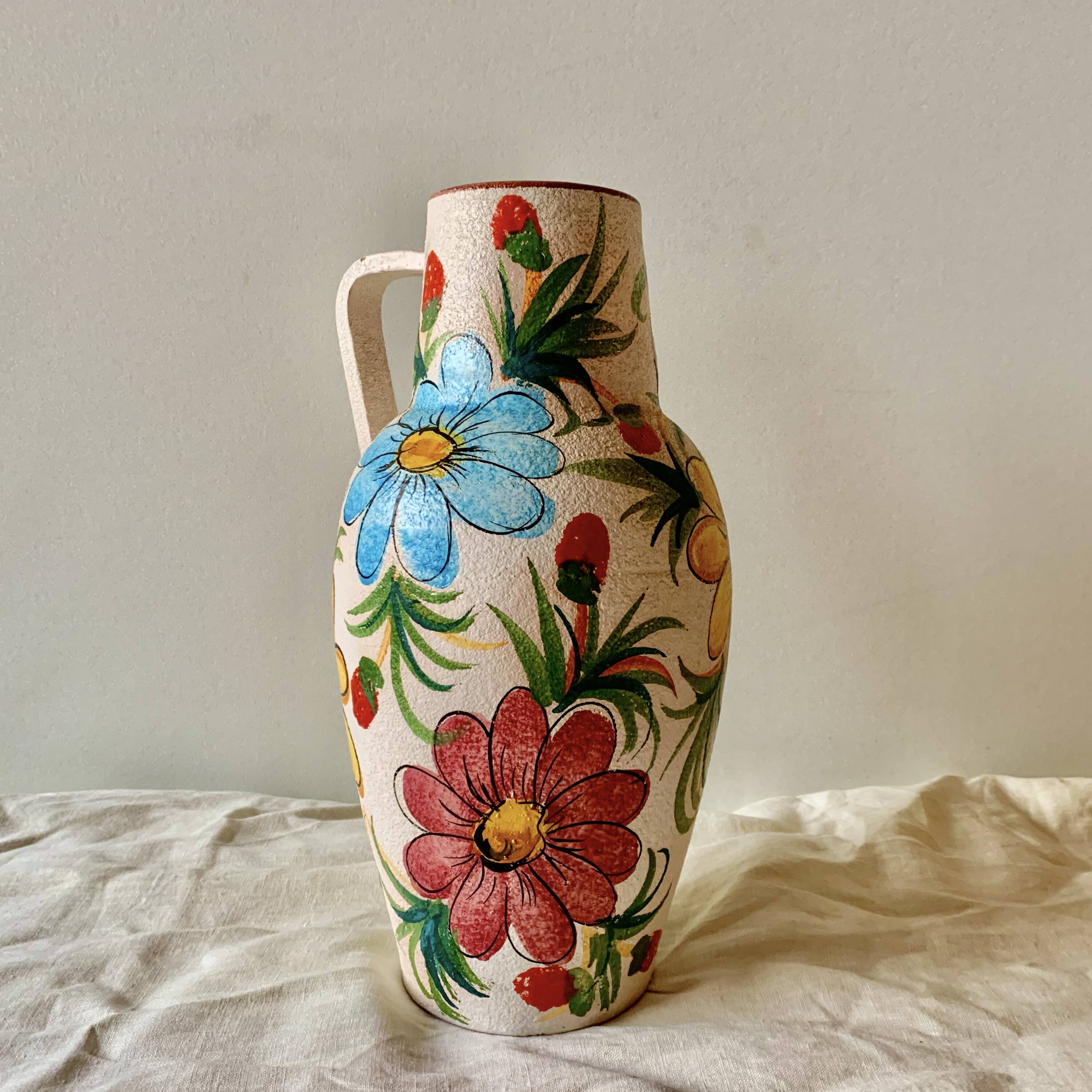 Large vintage ceramic vase - hand-painted floral decoration - Italy