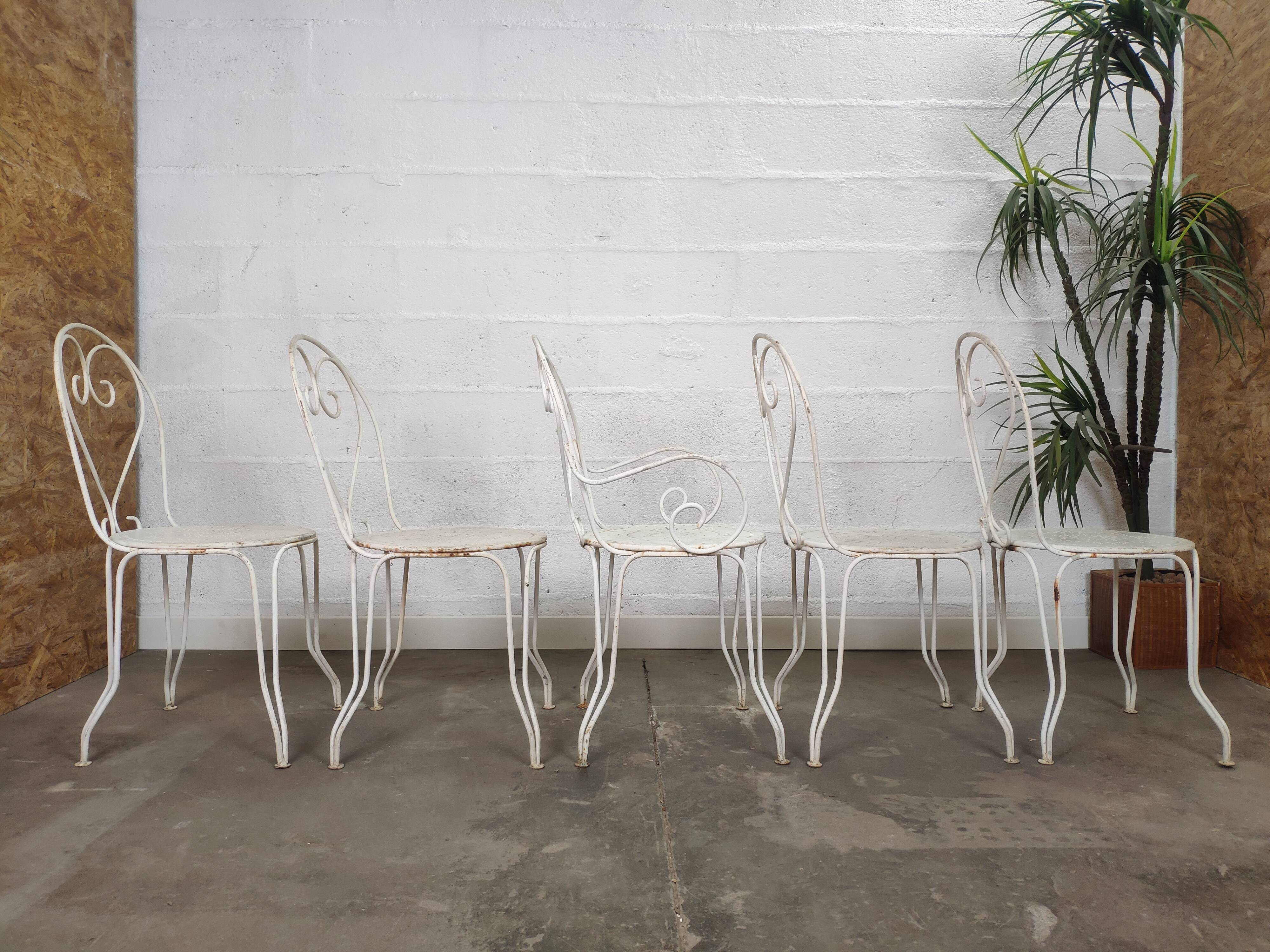 Table de jardin et chaises fer forgé blanc ancien