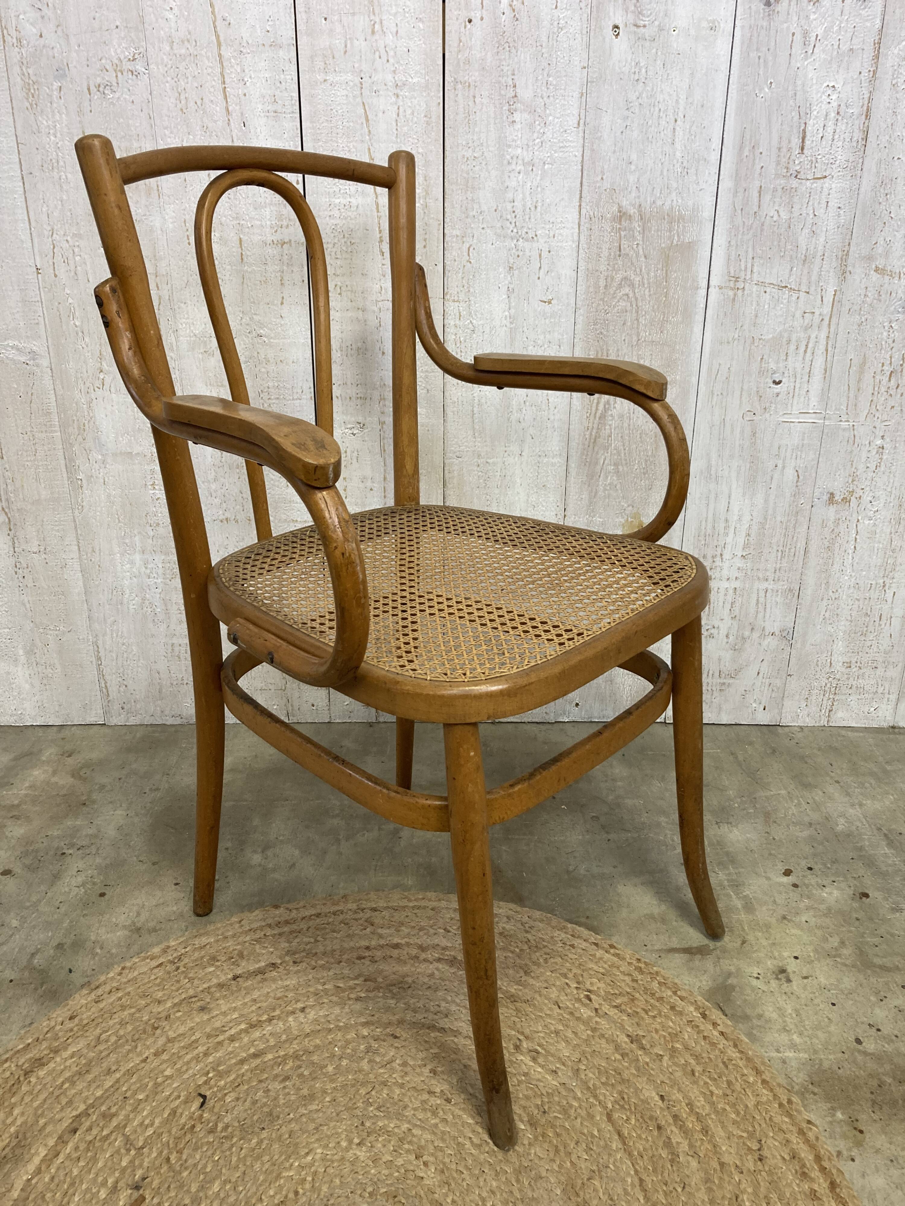 Curved wood and cane armchair