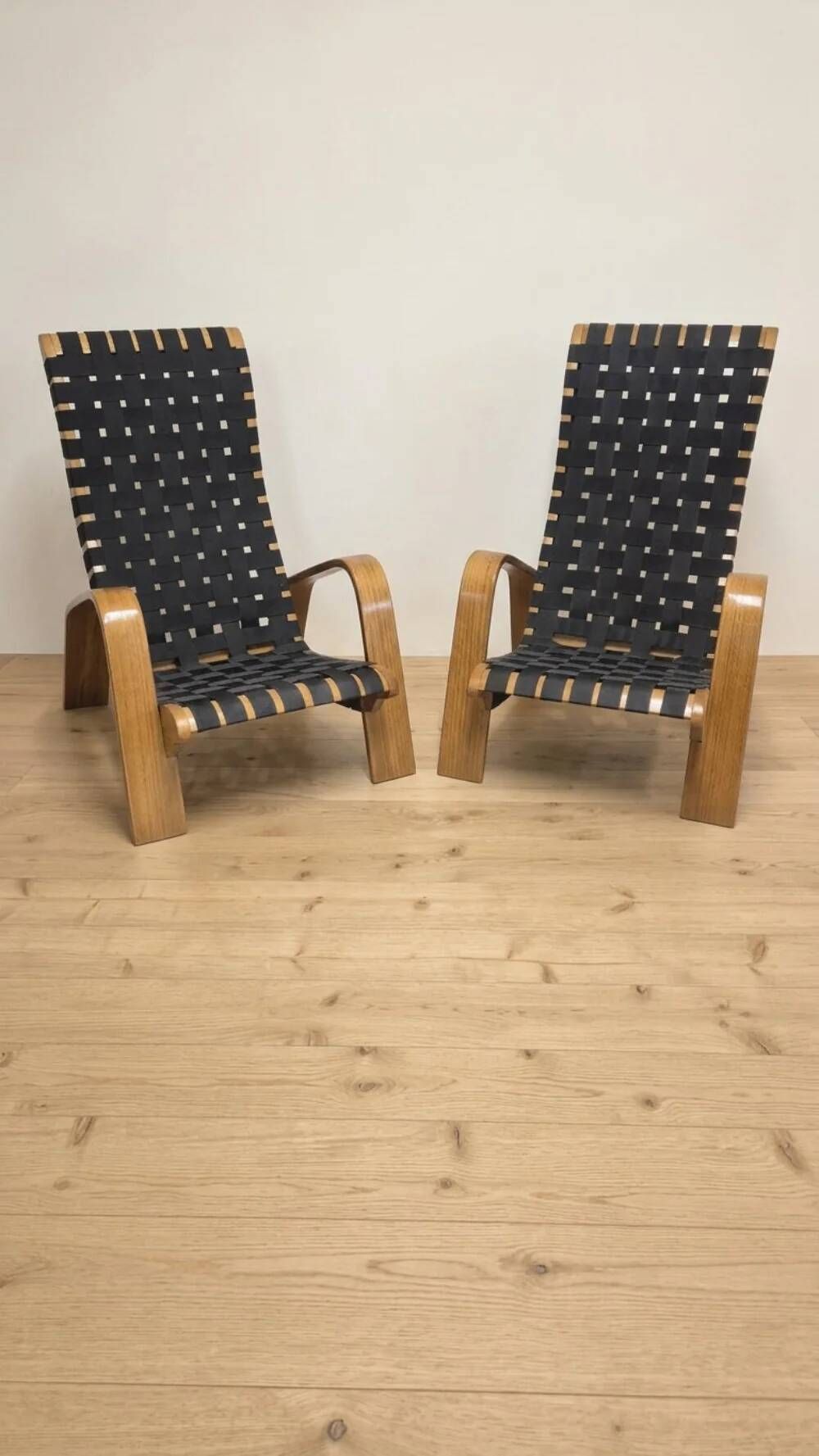 Pair of mid-century woven wood armchairs, 1950s, Czechoslovakia, 68 × 90 × 100 cm
