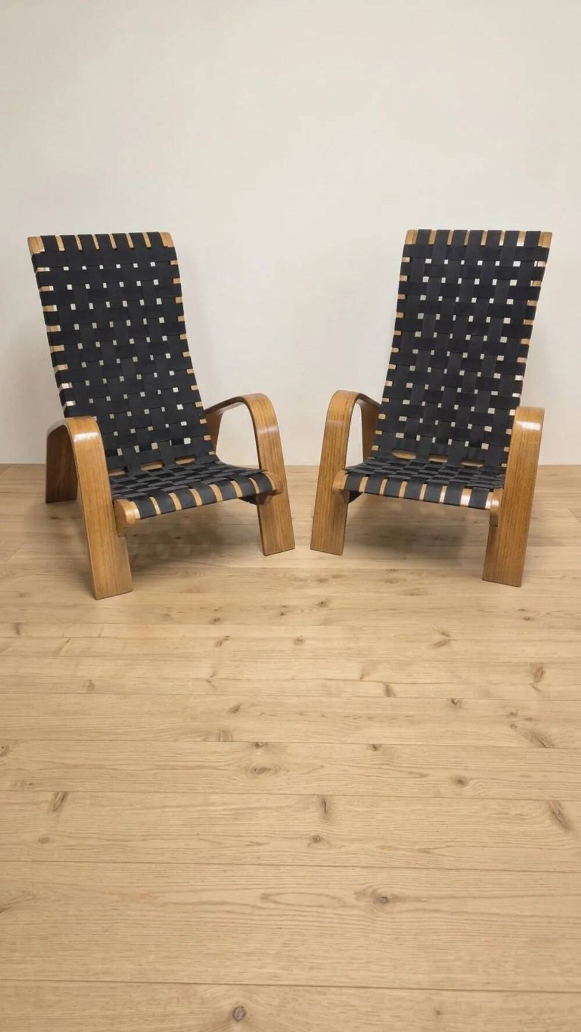 Pair of mid-century woven wood armchairs, 1950s, Czechoslovakia, 68 × 90 × 100 cm
