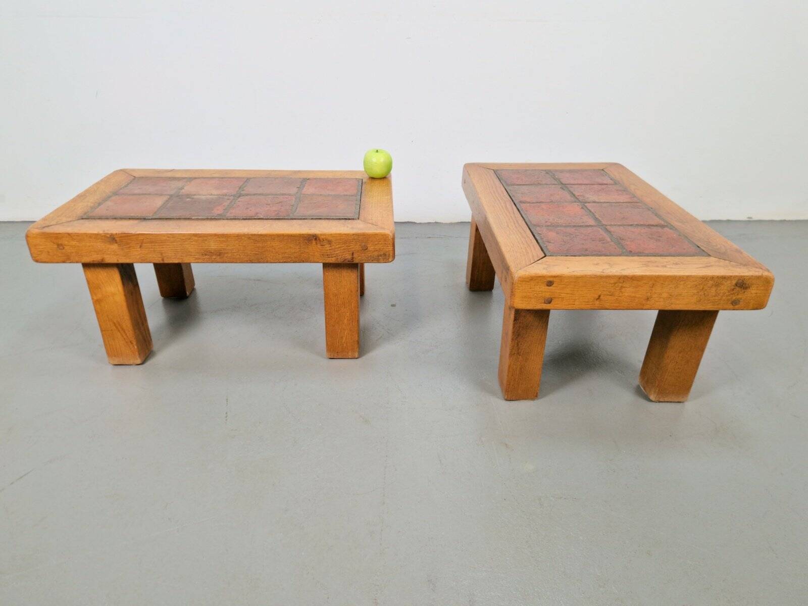 Brutalist Oak Side Table with Terracotta Tiles, 1950s, Set of 2