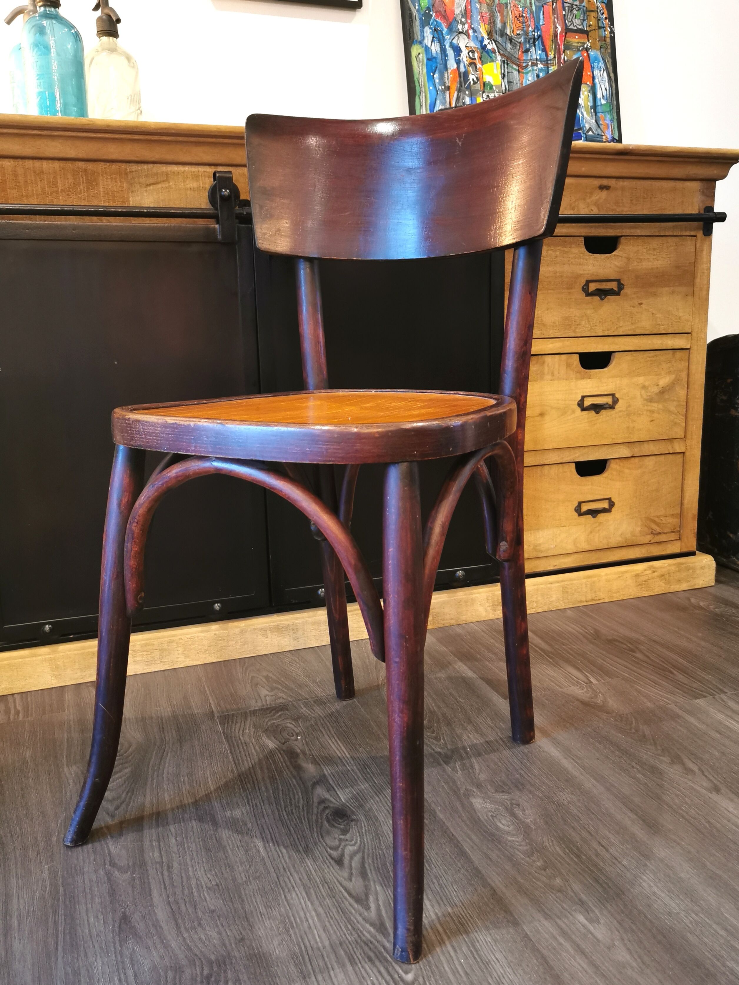 Series of 6 mismatched bistro chairs Baumann and Mahieu