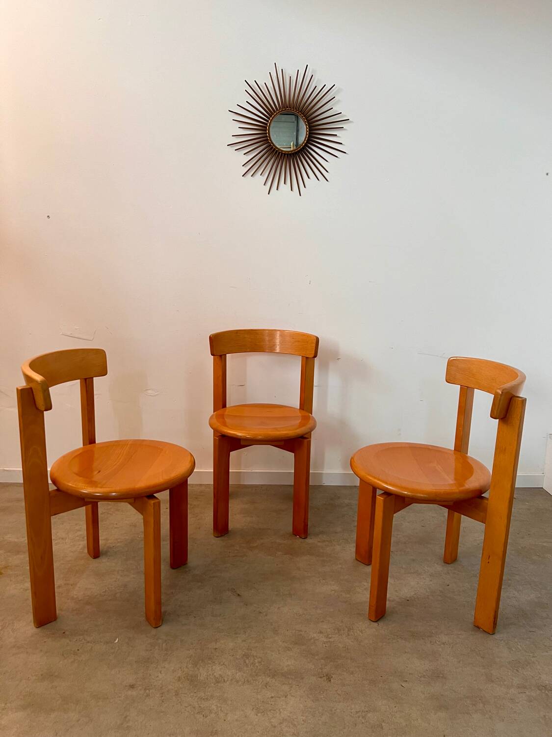 Set of 3 solid beech wood chairs, vintage 70s design