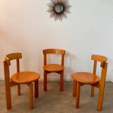 Set of 3 solid beech wood chairs, vintage 70s design