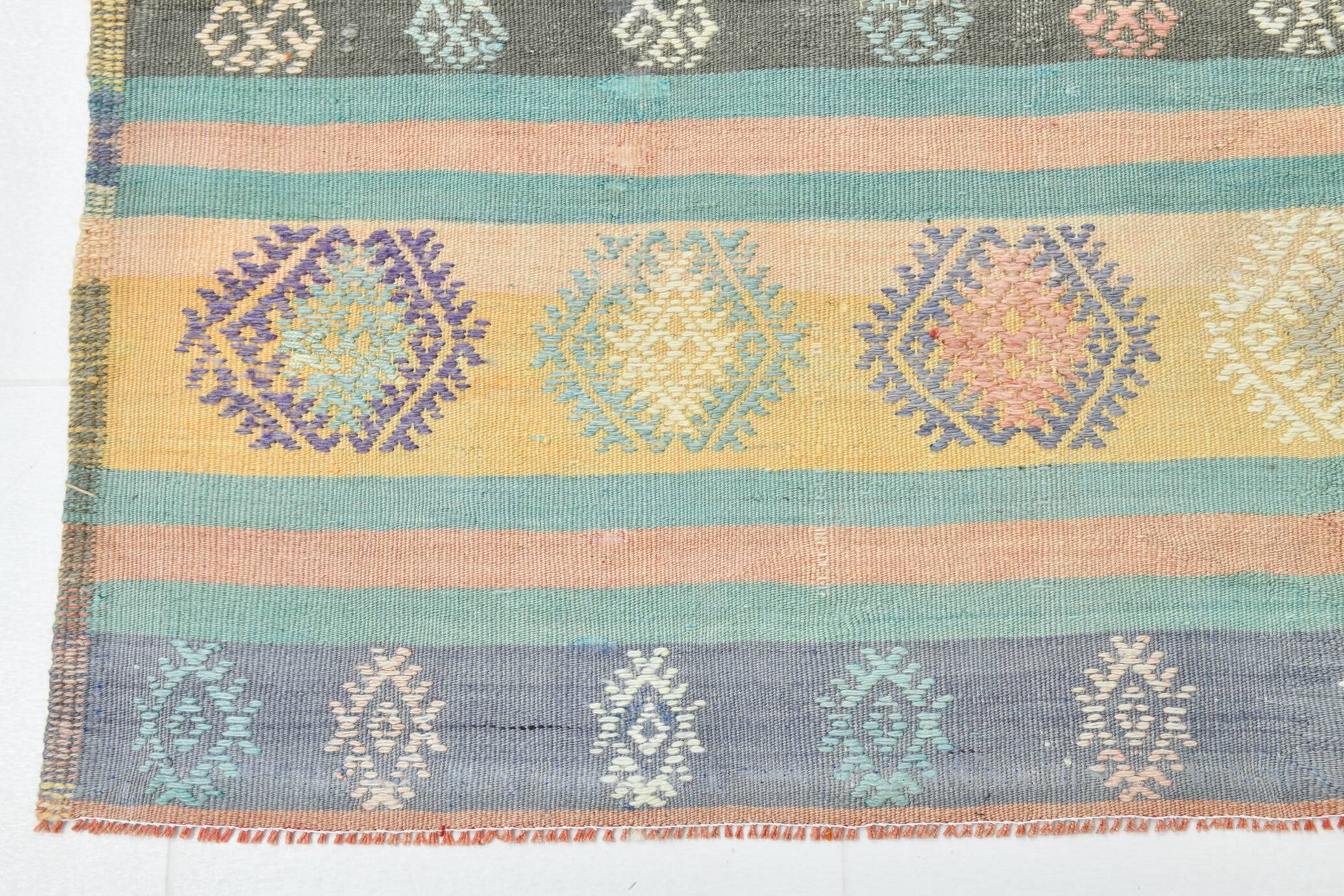 Tapis Kilim Anatolien 5x9 ft – Rayures Pastel en Vert Menthe, 163x268Cm