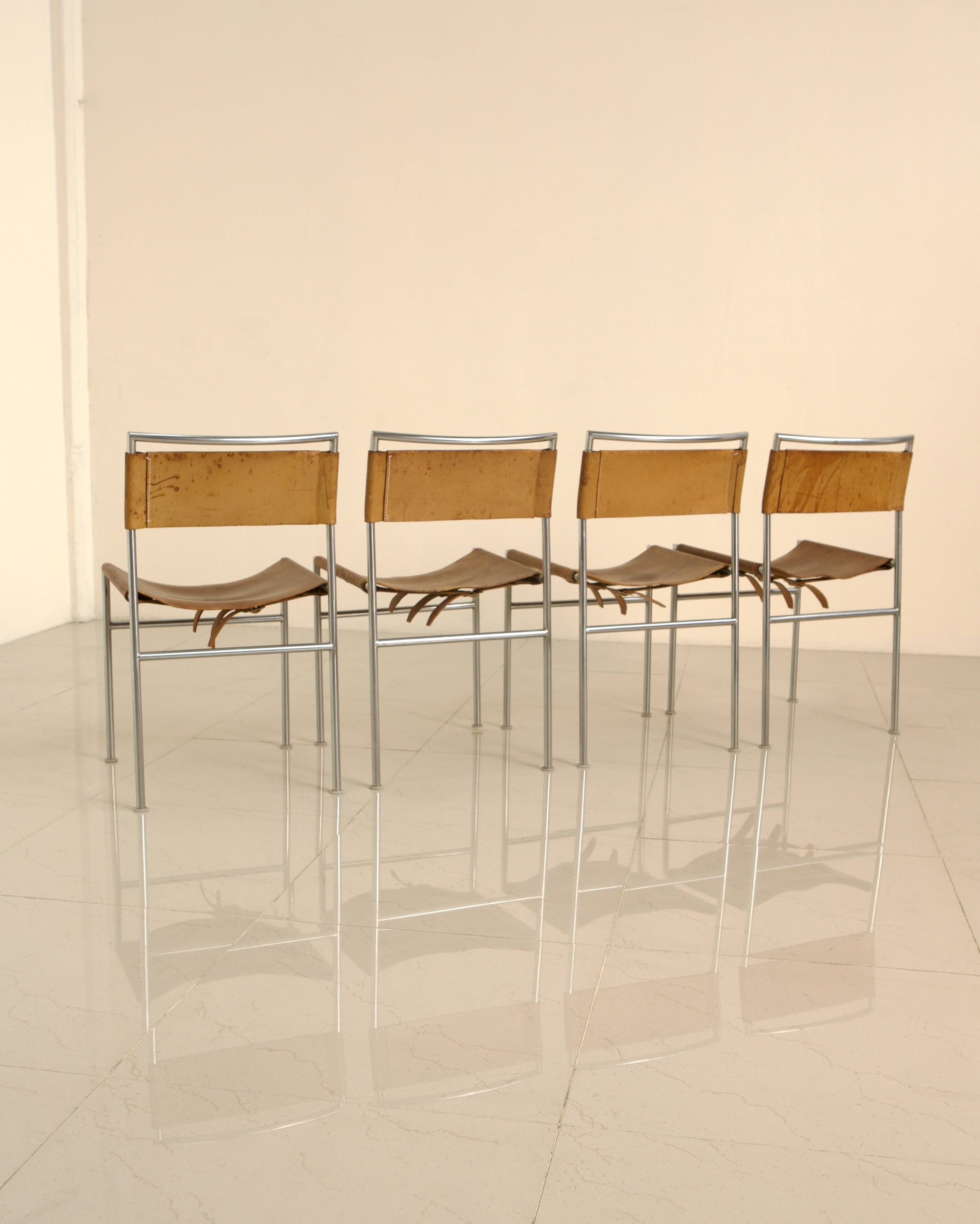 Set of 4 cognac leather chairs DLG Martin Visser 60's