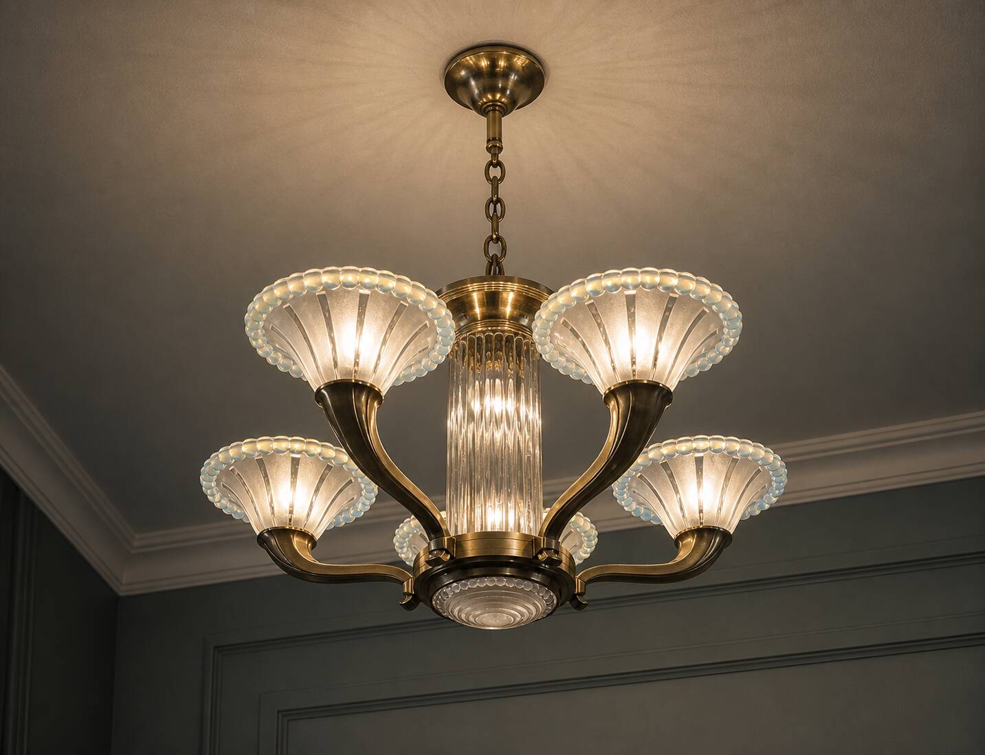 Art Deco chandelier signed Petitot opalescent glass