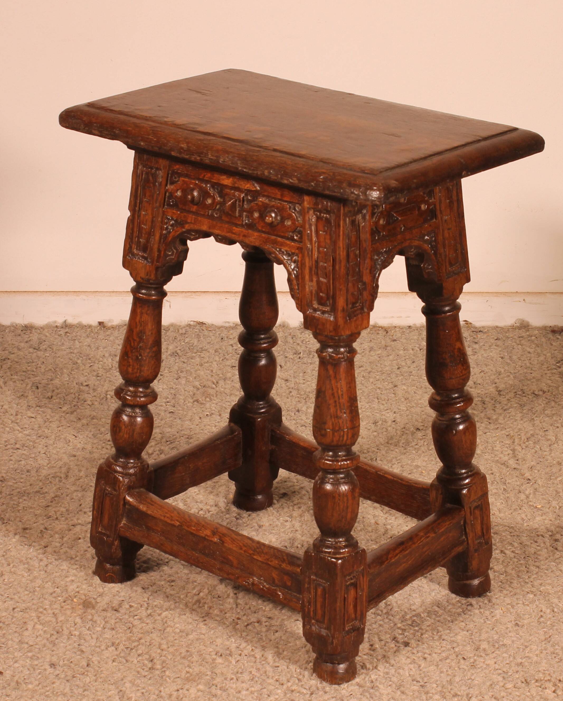 early 17th century oak high stool
