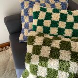 Khaki green and white checkered wool cushion