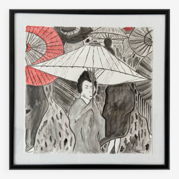 Original watercolor Asian woman with umbrella framed