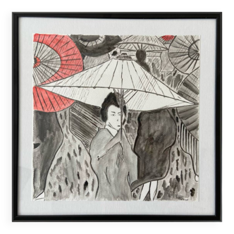 Aquarelle originale Femme asiatique au parapluie encadrée
