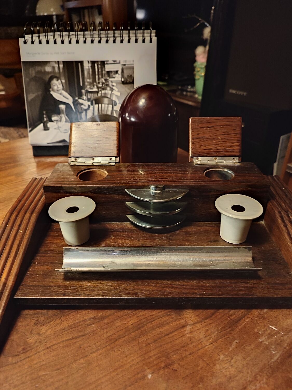 Wood inkwell and zinc complete with porcelain inkwells