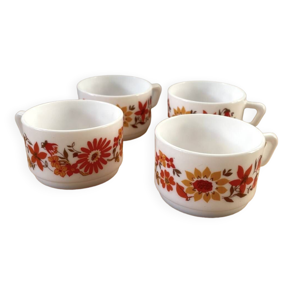 Lot De 3 Tasses à Café ARCOPAL – Motif Flore – 7,5 Cm – Très Bel état