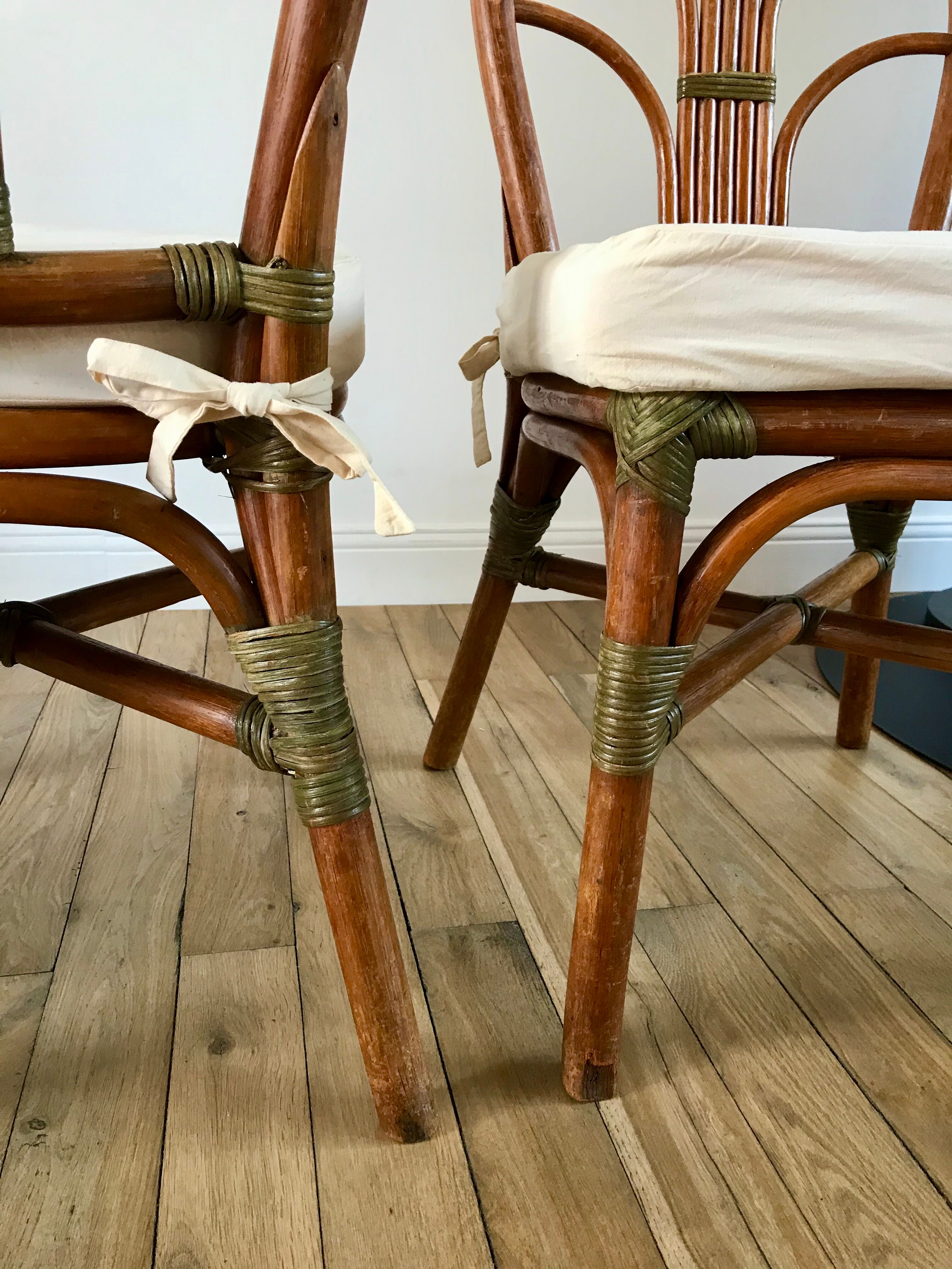 Set of 3 rattan / bamboo chairs with cushions years 1960-1970
