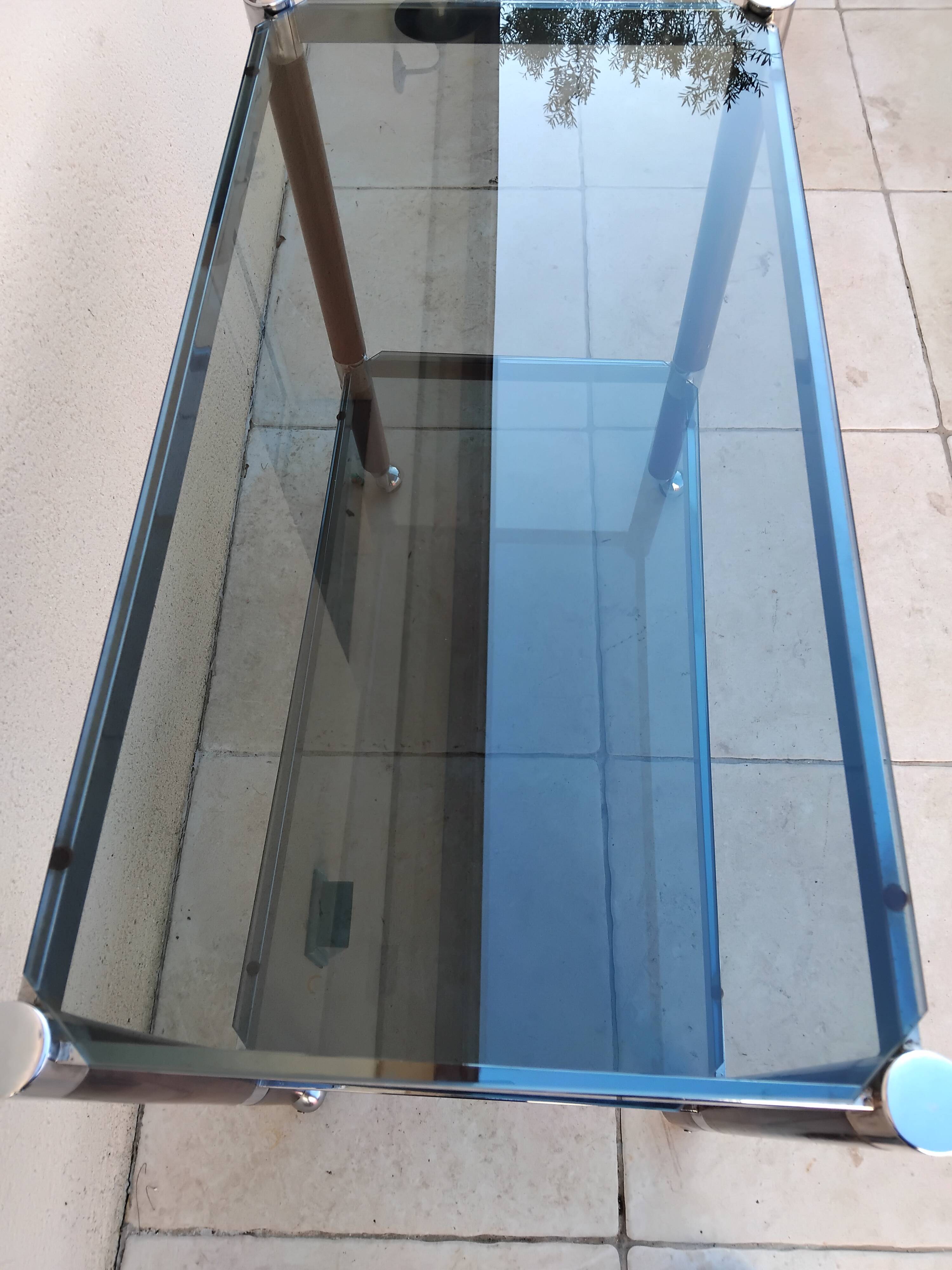 Vintage wooden serving trolley with smoked glass, chrome metal and wood