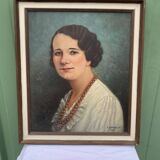 Painting Portrait of a woman with pearls E. Chevereau