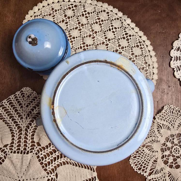 Antique blue enamel coffee pot – complete – floral decoration – 1930s