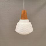 Lamp in white glass with teak top. It is Danish and estimated from the 1970s-1980s.