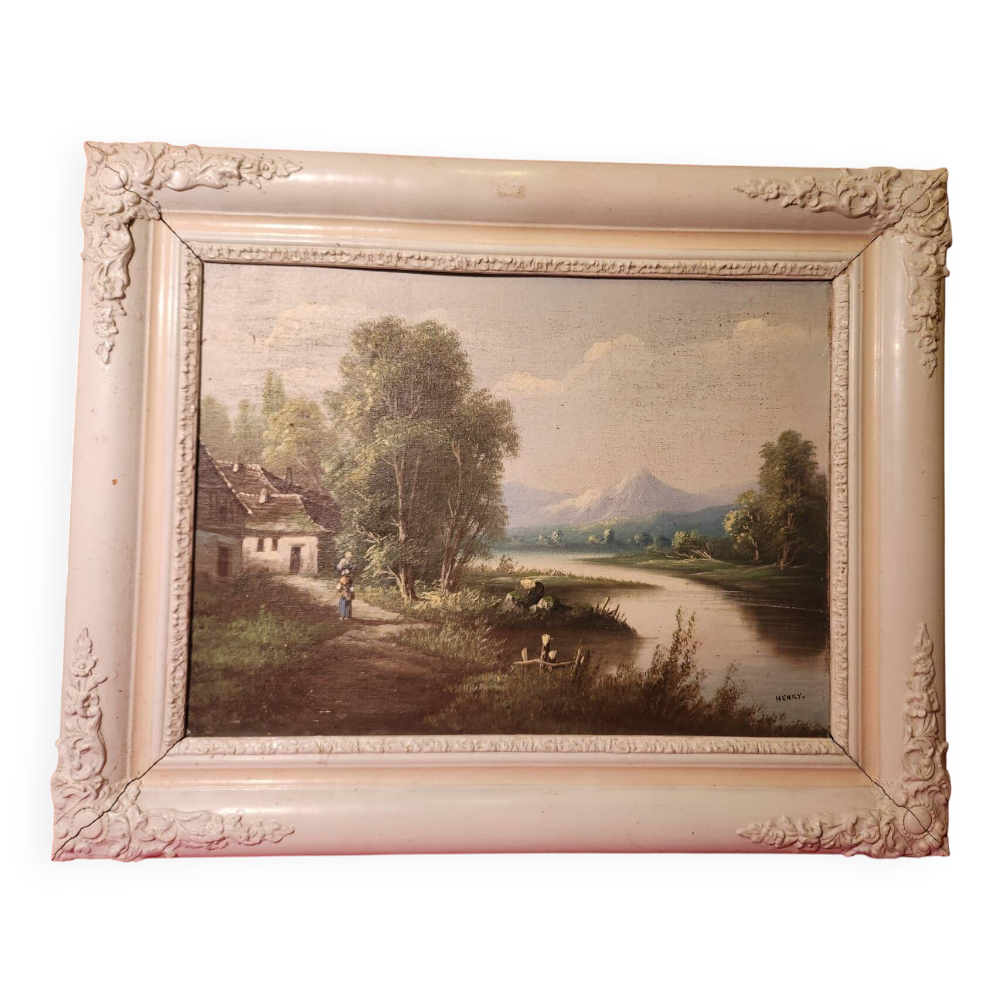 Old painting Oil on canvas Animated lake landscape signed Henry