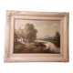 Old painting Oil on canvas Animated lake landscape signed Henry