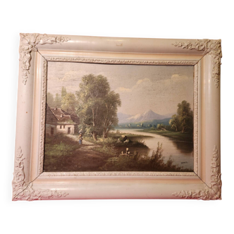 Old painting Oil on canvas Animated lake landscape signed Henry