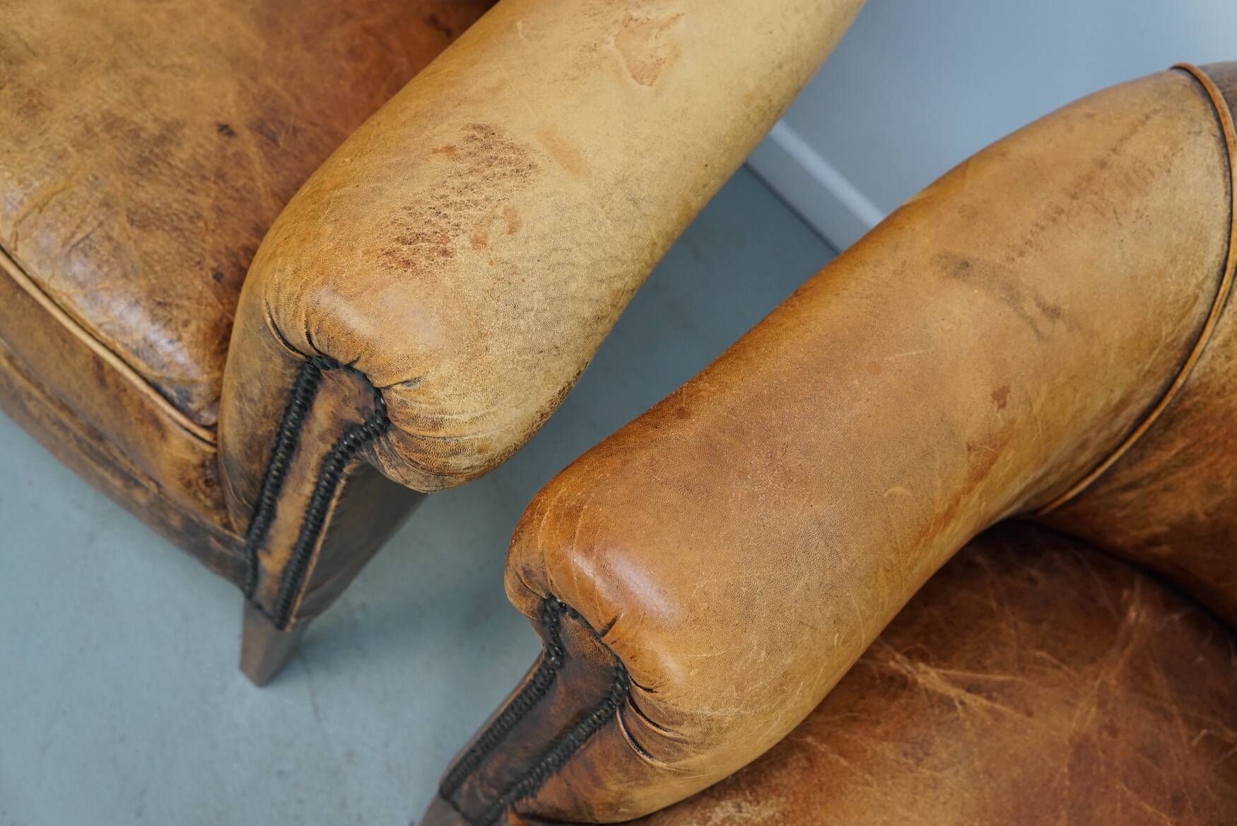 Vintage Dutch Cognac Leather Club Chairs, Set of 2