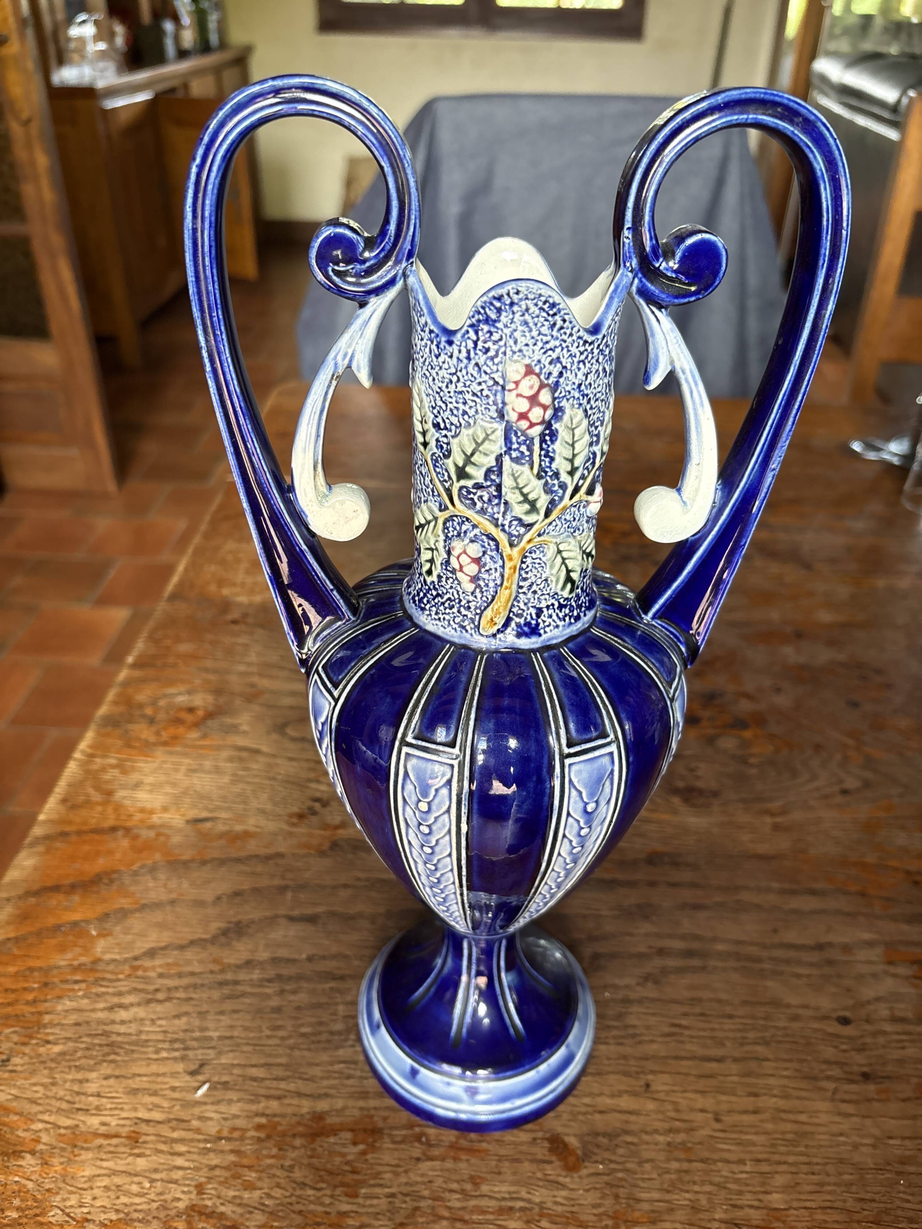Art Nouveau amphora vase in glazed earthenware (barbotine style)