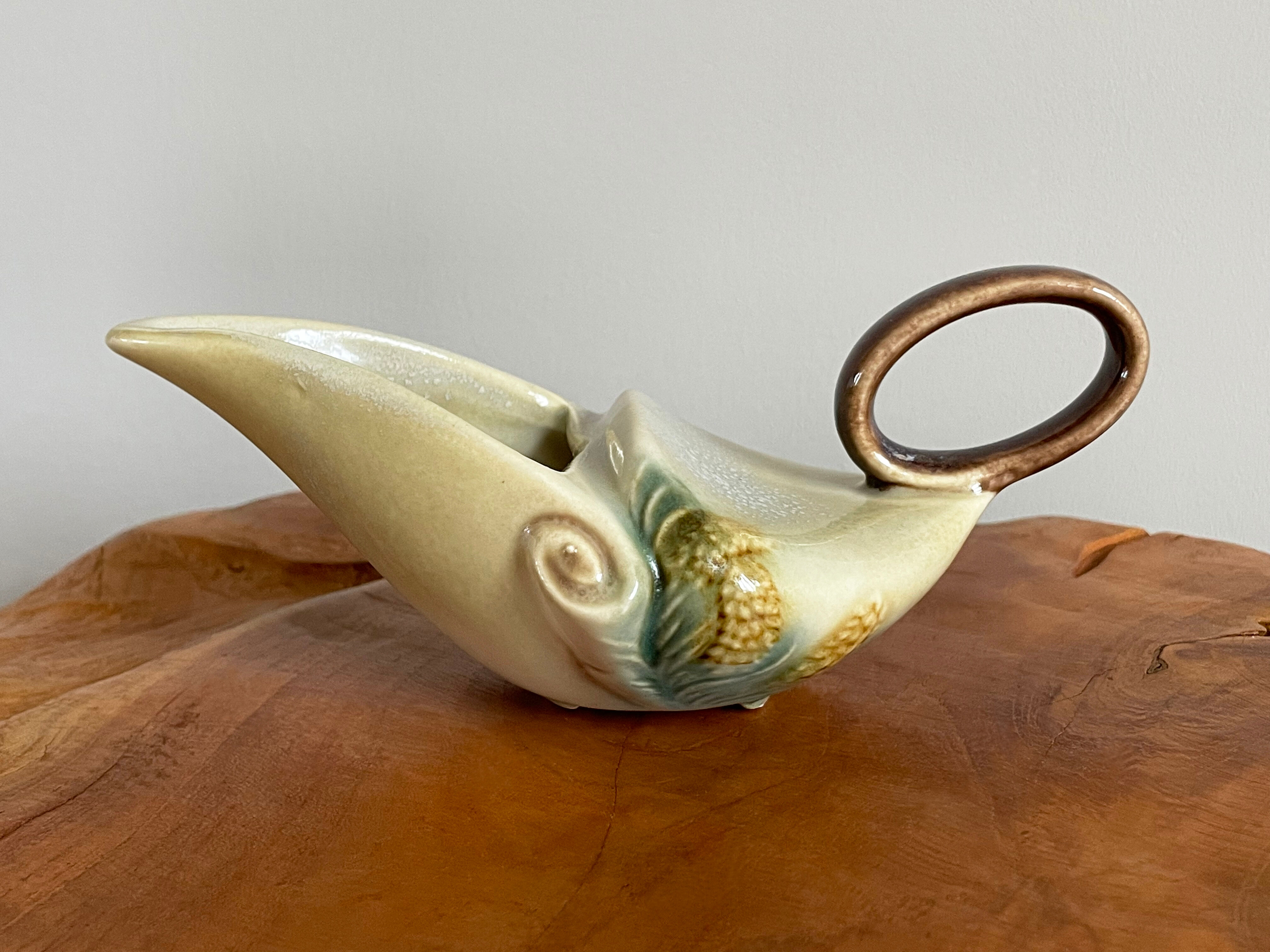 Hull pottery tea set parchment and pine, tea pot, creamer & sugar pot, american embossed majolica