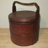 Antique basket in wood and rattan with 3 sections, 1900