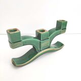 Candle holder 3 candles Art Deco green and gilded earthenware