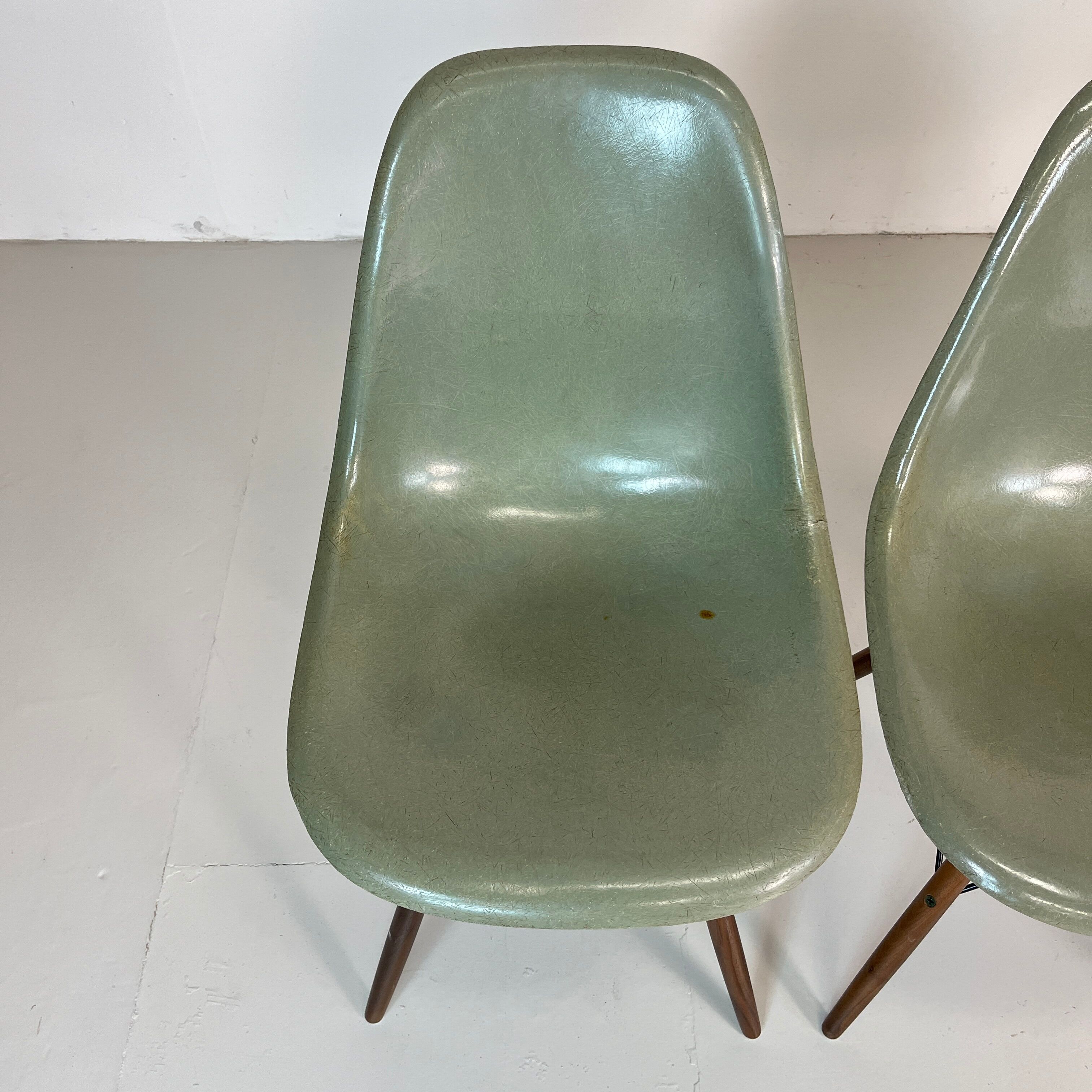 Eames Herman Miller DSW side chairs in seafoam green with imperfections