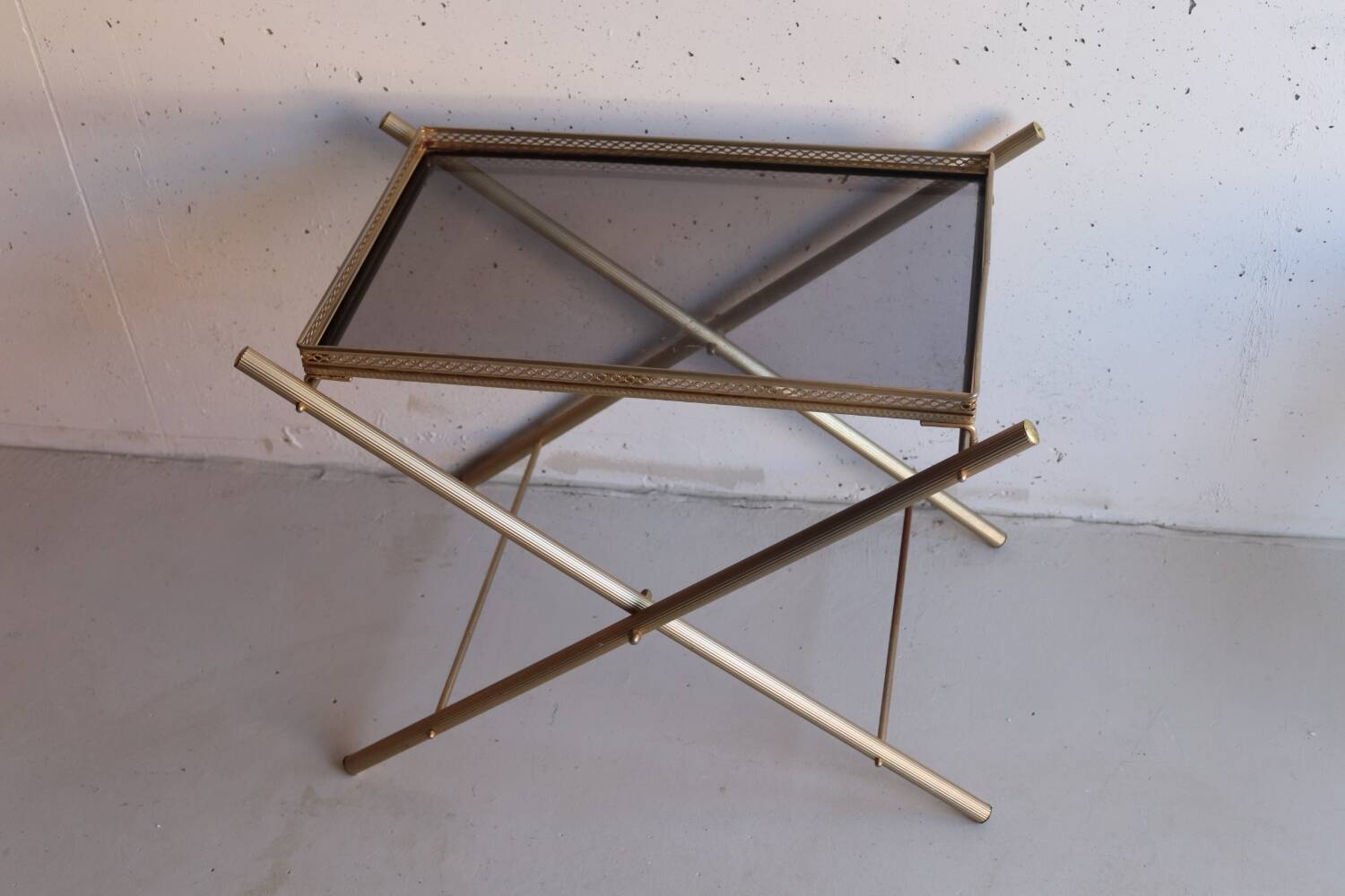 Serving tray, vintage serving tray in smoked glass and gold metal