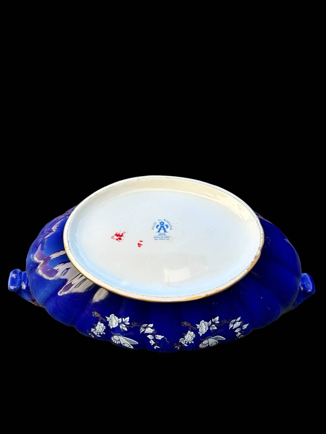 large old centerpiece, ARPO porcelain made in Romania, midnight blue and gold