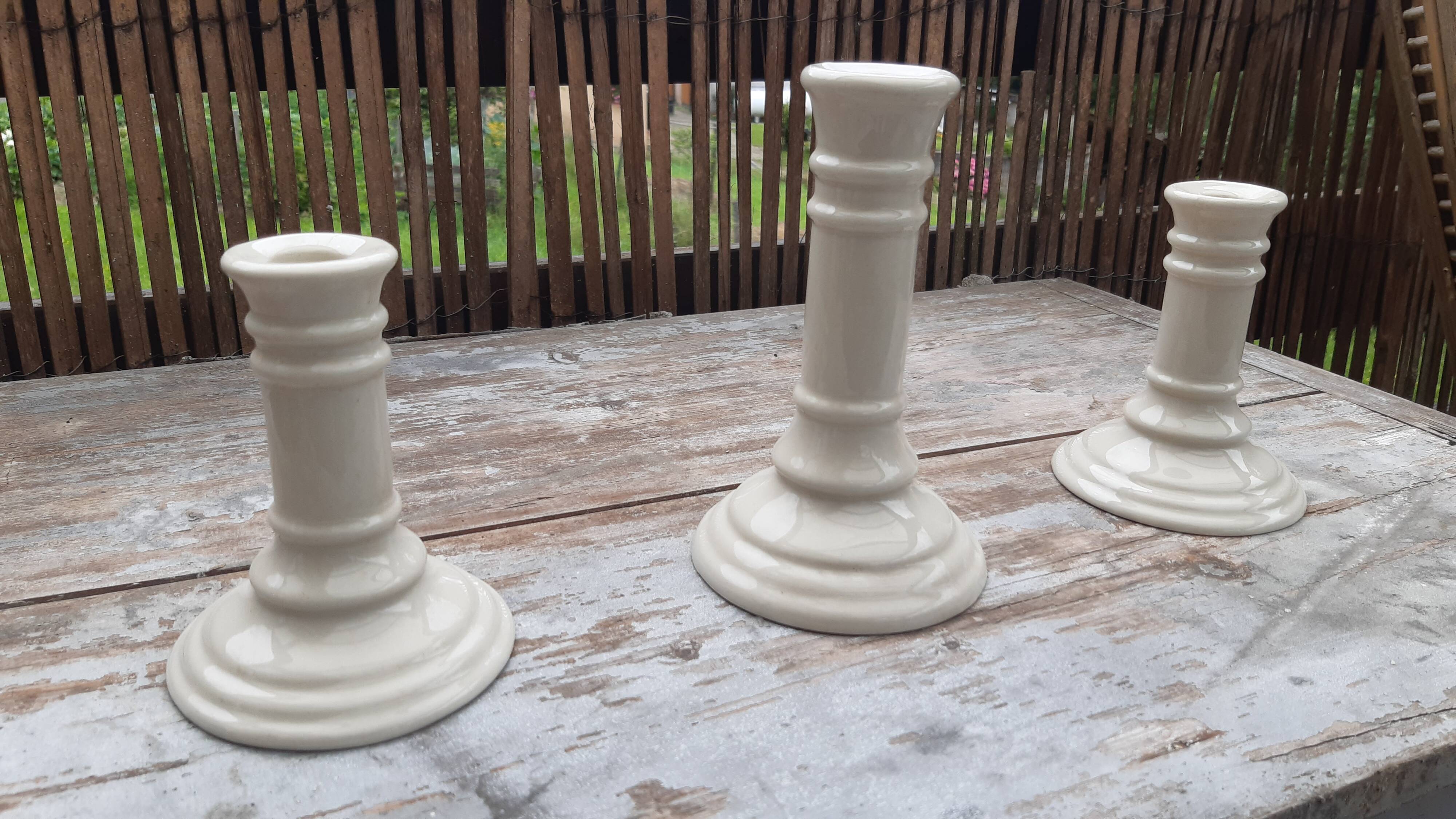 Set of 3 earthenware candlesticks from Villenauxe
