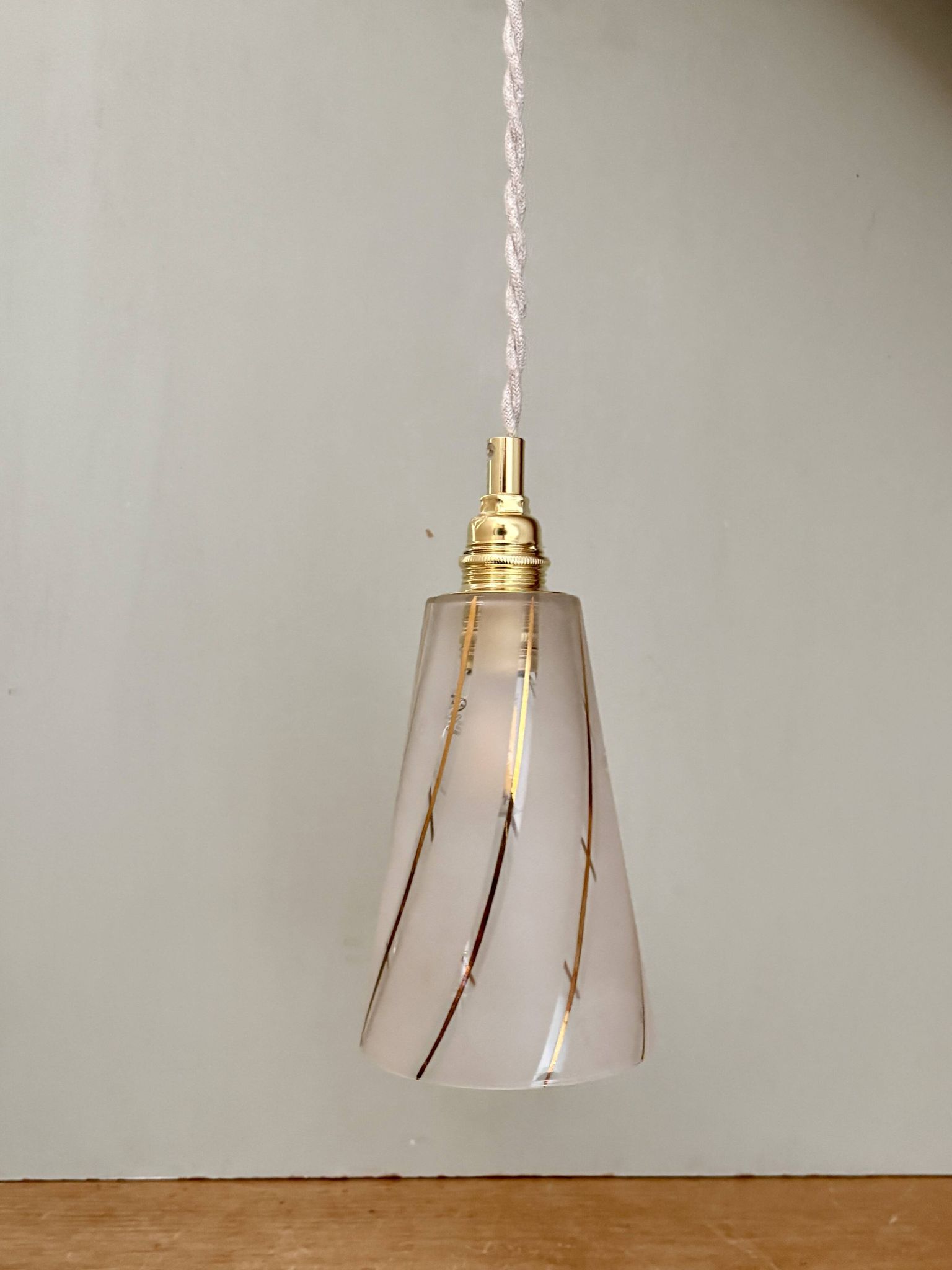 Vintage tulip pendant light in white frosted glass and gold trim